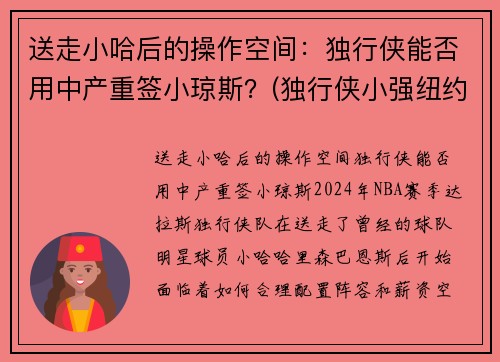 送走小哈后的操作空间：独行侠能否用中产重签小琼斯？(独行侠小强纽约)