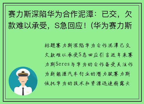 赛力斯深陷华为合作泥潭：已交，欠款难以承受，S急回应！(华为赛力斯卖的怎么样)