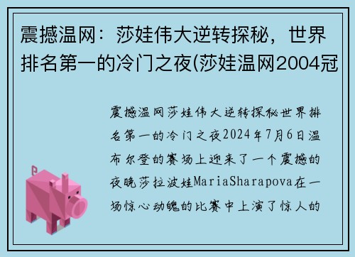 震撼温网：莎娃伟大逆转探秘，世界排名第一的冷门之夜(莎娃温网2004冠军)