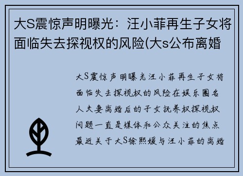 大S震惊声明曝光：汪小菲再生子女将面临失去探视权的风险(大s公布离婚之后)