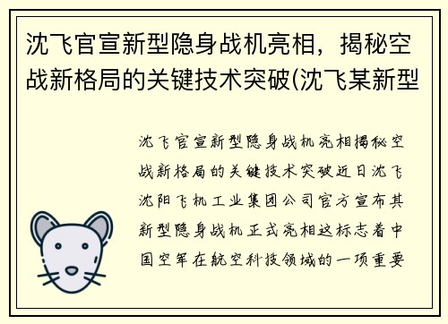 沈飞官宣新型隐身战机亮相，揭秘空战新格局的关键技术突破(沈飞某新型战斗机2021首飞)